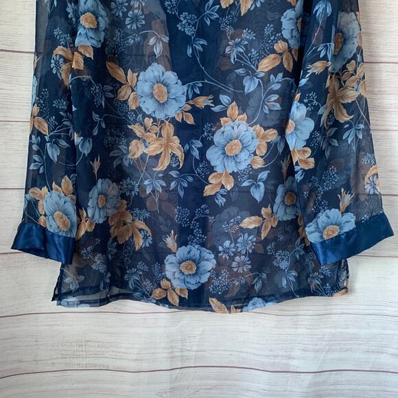 Secret Treasures Blue Floral Sheer Pajama Top Button Up Front Satin Trim Size L - Picture 14 of 15